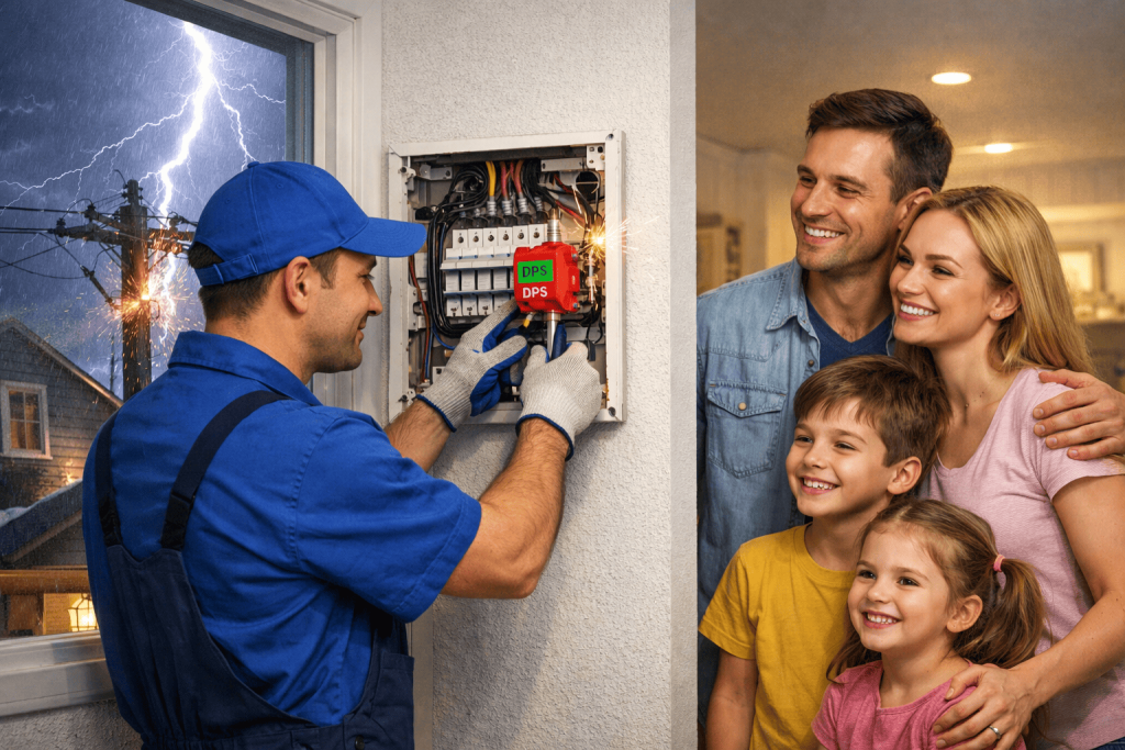 Instalação de DPS em quadro elétrico durante tempestade