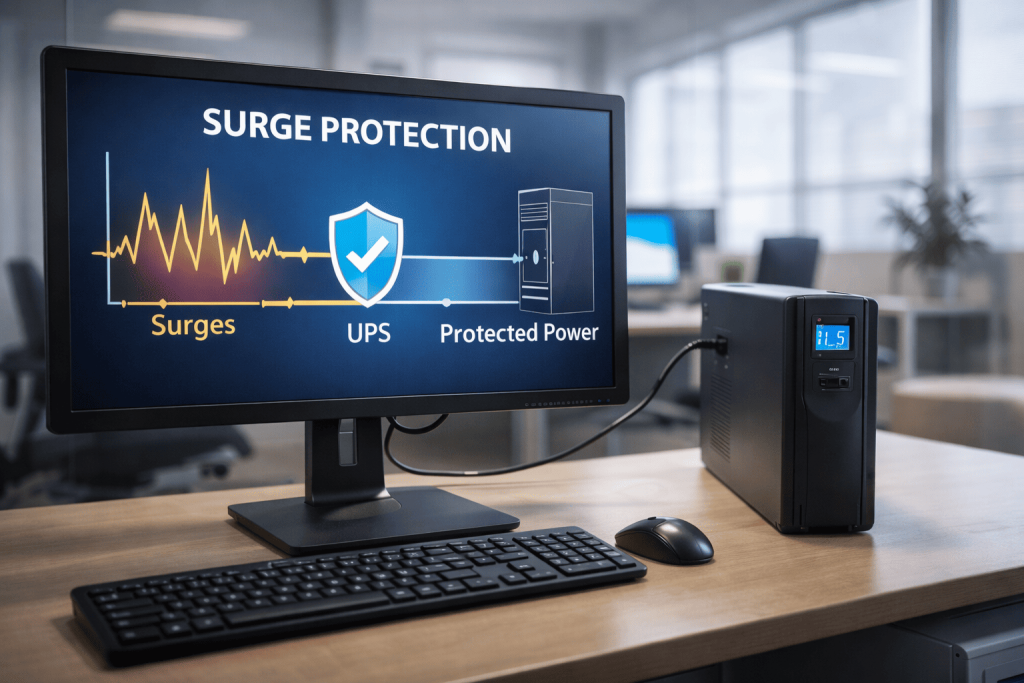 Computador ligado a nobreak com diagrama ilustrando proteção contra picos