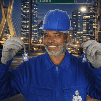 Seu Domingos Eletricista 24h no Brooklin chegando uniformizado para atendimento elétrico de emergência em São Paulo