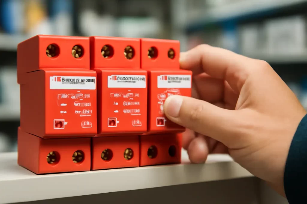 Diversos tipos de protetores contra surtos elétricos com funções distintas