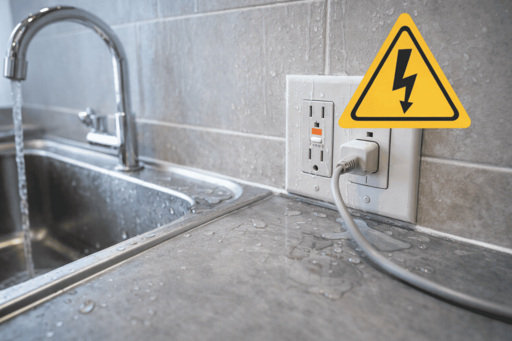 Tomada próxima a pia com ícone de alerta de risco elétrico