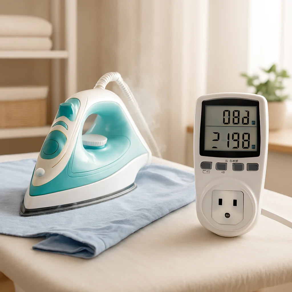 Ferro elétrico ligado em tomada mostrando consumo de energia