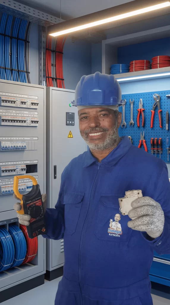 Eletricista urgente no Morumbi realizando diagnóstico no quadro de energia com voltímetro e disjuntor em mãos.