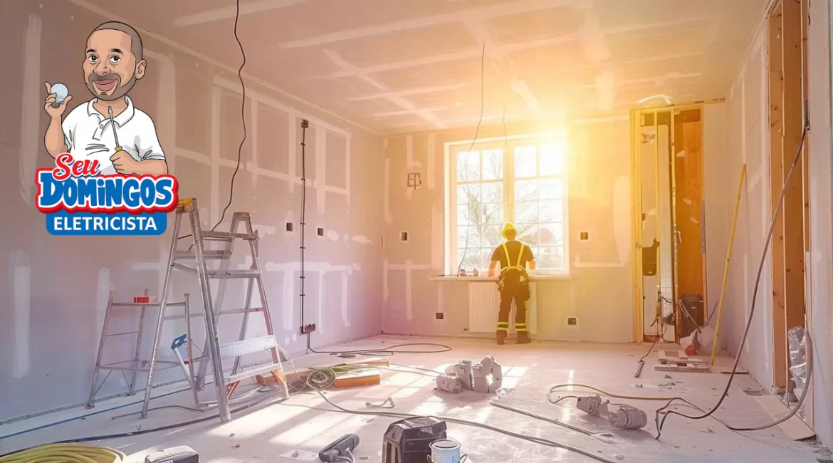 Eletricista refazendo a fiação elétrica em residência