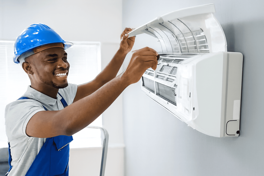 Diversos tipos de ar-condicionado exibidos lado a lado para comparação