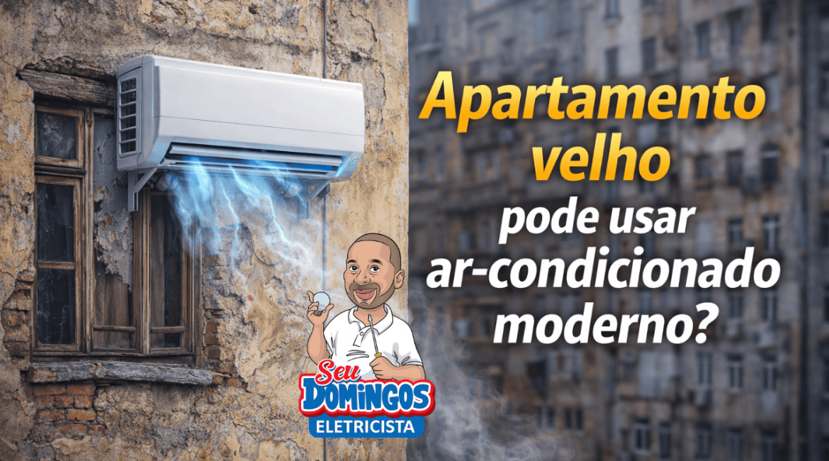 Ar-condicionado moderno instalado em prédio antigo, destacando adaptação elétrica e estrutural.