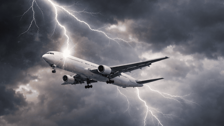 Avião sendo atingido por um raio durante uma tempestade, ilustrando fenômeno elétrico na aviação