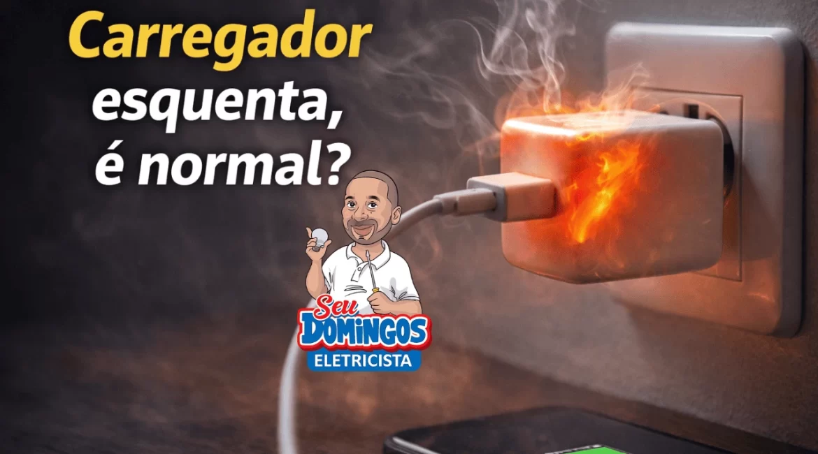 Carregador de celular conectado a tomada, apresentando aquecimento durante o uso.