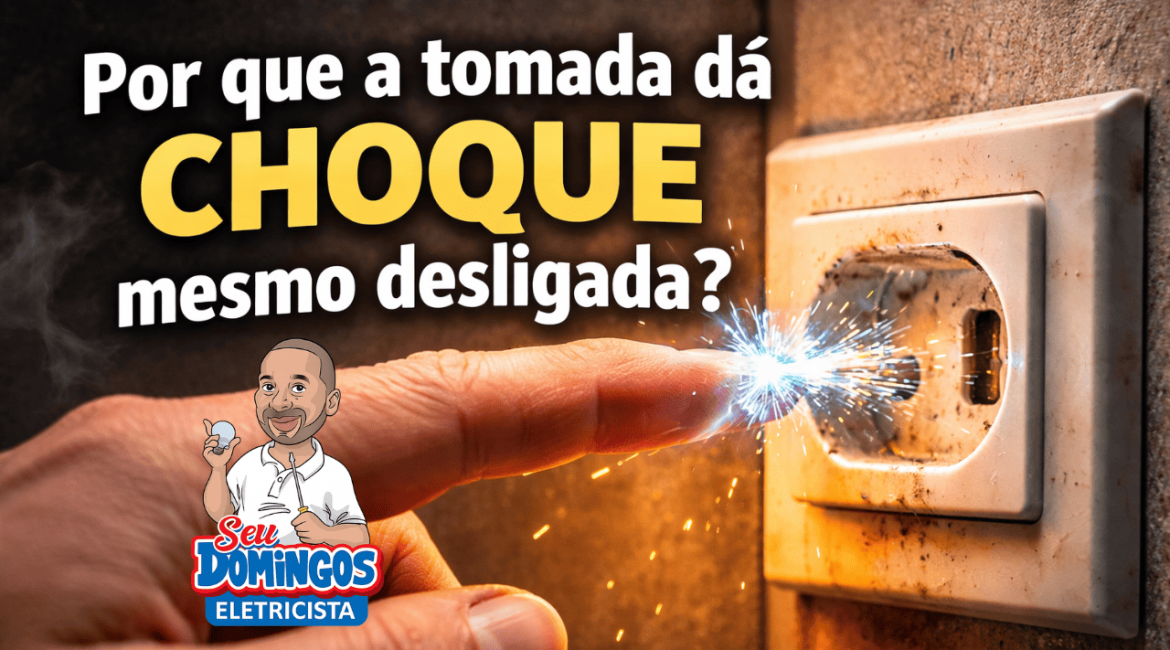 Tomada danificada causando choque elétrico ao tocar, com sinais de desgaste e risco.