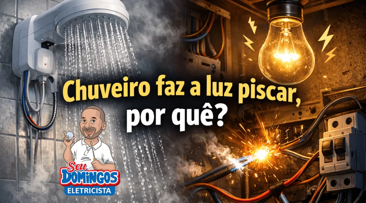 Chuveiro elétrico ligado enquanto a luz pisca, indicando possível sobrecarga elétrica.