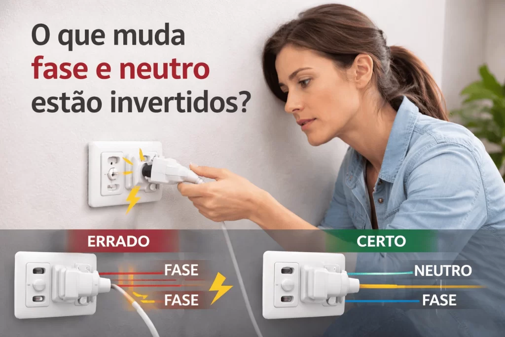 Conexão elétrica com fios invertidos em instalação residencial