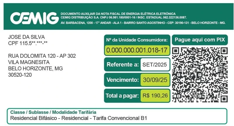 Conta de luz da CEMIG 2025 detalhando consumo e tarifas