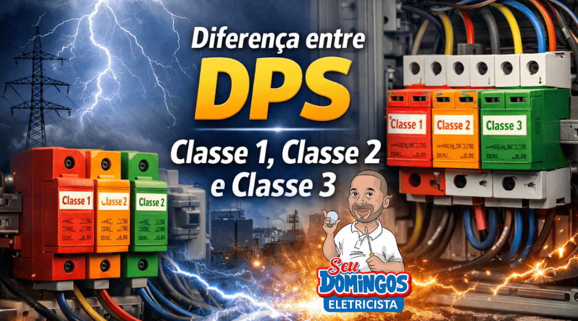 Comparação visual entre DPS Classe 1, Classe 2 e Classe 3 instalados em quadro elétrico residencial, destacando aplicações e níveis de proteção contra surtos elétricos.