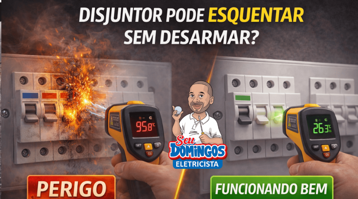 Comparação entre disjuntor superaquecido em risco e disjuntor funcionando corretamente no quadro elétrico.