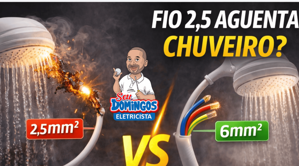 Comparação entre fio 2,5 mm² e 6 mm² usados em chuveiro elétrico, destacando risco e segurança.