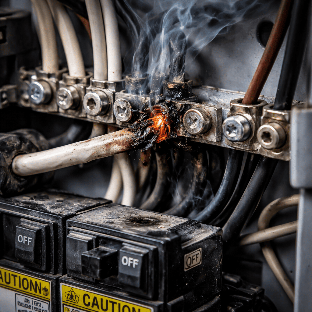 Fios queimados dentro de painel elétrico após sobrecarga na instalação