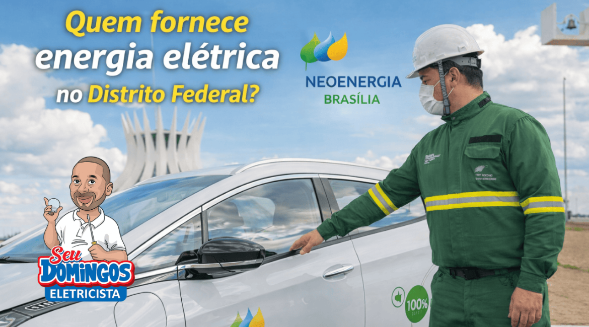 Funcionário da Neoenergia Brasília ao lado de carro elétrico, realizando inspeção em rede elétrica.
