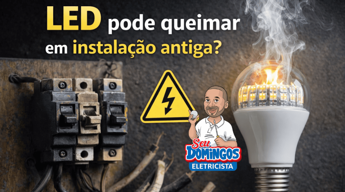 Lâmpada LED instalada em rede elétrica antiga, mostrando risco de sobrecarga ou falha.