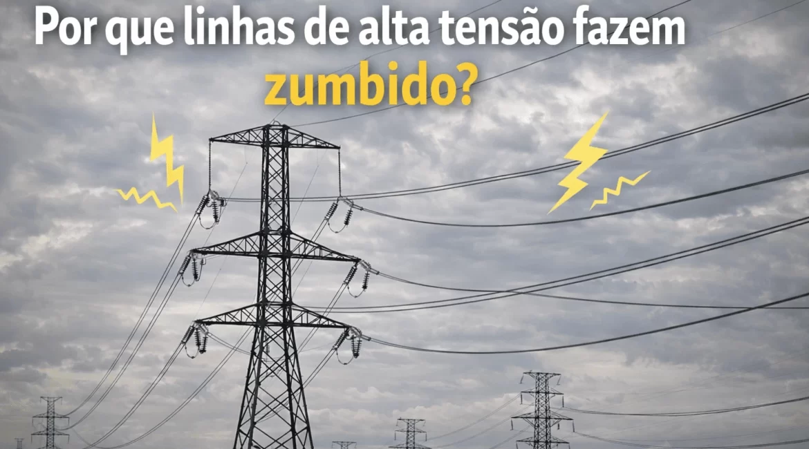 Linhas de alta tensão atravessando o céu com nuvens ao fundo