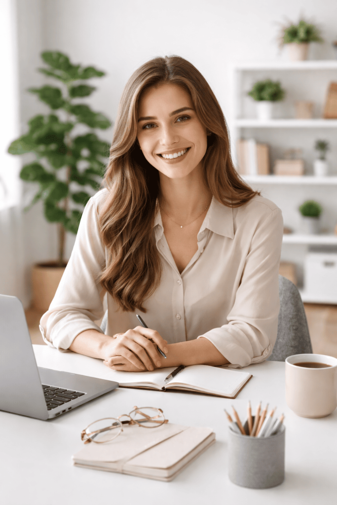 Mulher sorrindo em escritório moderno e bem iluminado