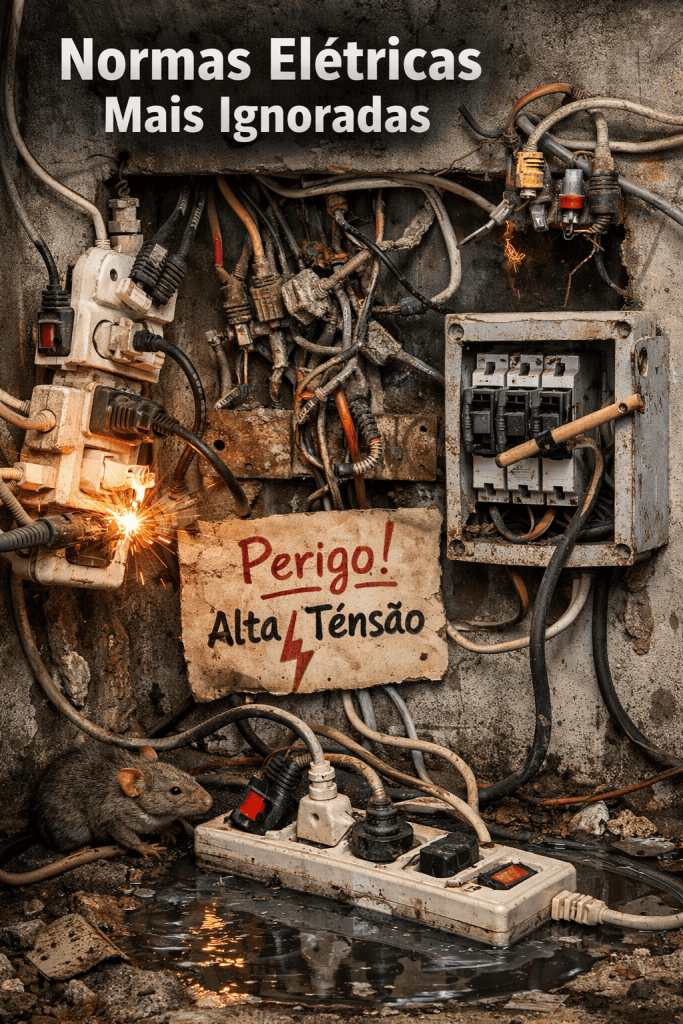 Painel elétrico em estado crítico com fiação desorganizada e risco elétrico