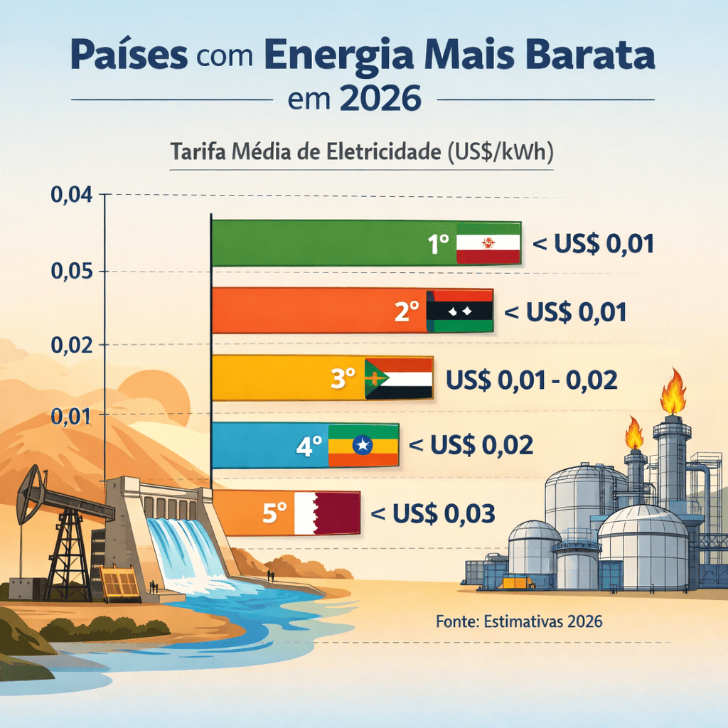 Gráfico comparativo mostrando países com energia elétrica mais barata em 2026