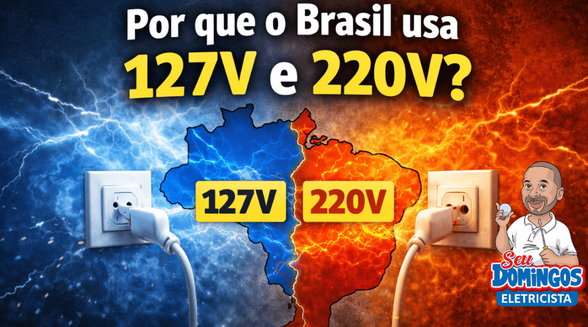 Mapa do Brasil destacando regiões com tensão 127V e 220V na rede elétrica.