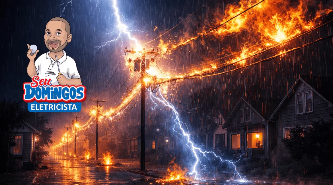 Raio atingindo linha de energia durante a noite