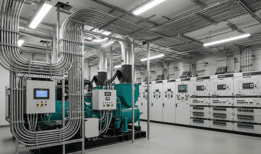 Sala técnica hospitalar com painéis elétricos, geradores e infraestrutura de cabeamento garantindo fornecimento contínuo de energia.