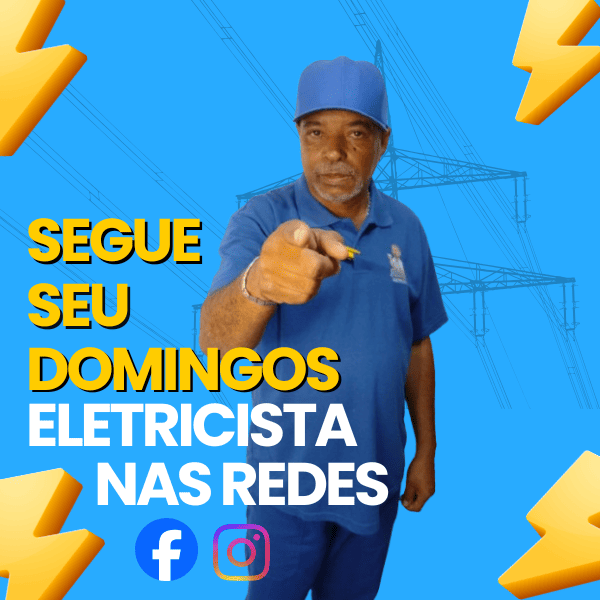 Banner convidando o público a seguir Seu Domingos Eletricista nas redes sociais com ícones de plataformas digitais.