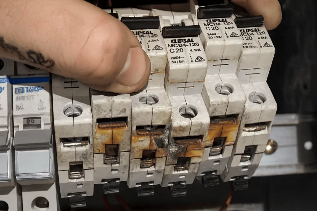 Disjuntor em painel elétrico indicando sobrecarga