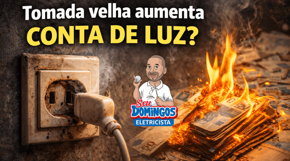 Tomada antiga danificada com dinheiro em chamas, simbolizando prejuízo e risco elétrico.