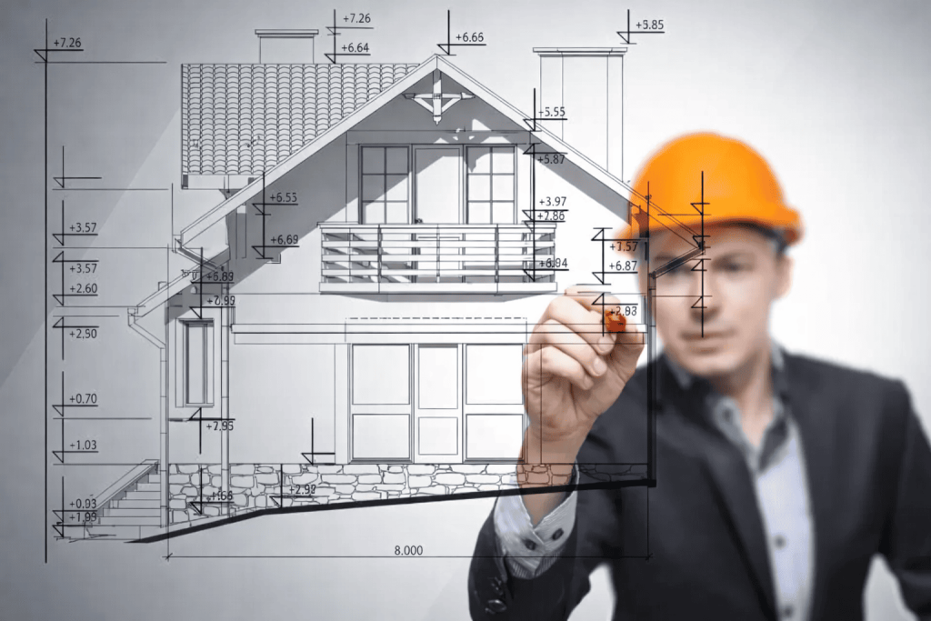 Arquiteto elaborando projeto arquitetônico em mesa de trabalho com plantas, régua e instrumentos de desenho.