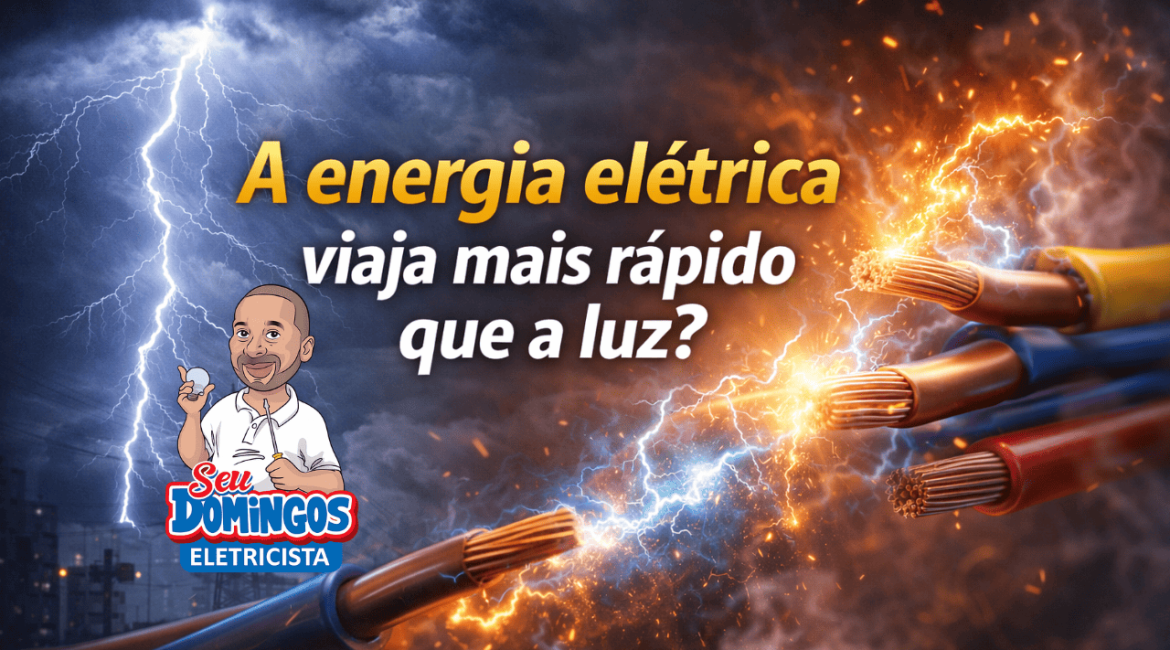 Descarga elétrica de raio durante tempestade e energia percorrendo fios de alta tensão.