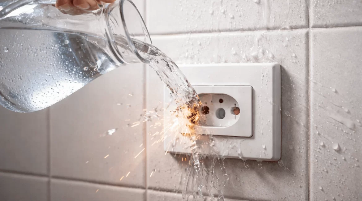 Jarra derramando água sobre tomada elétrica padrão brasileiro