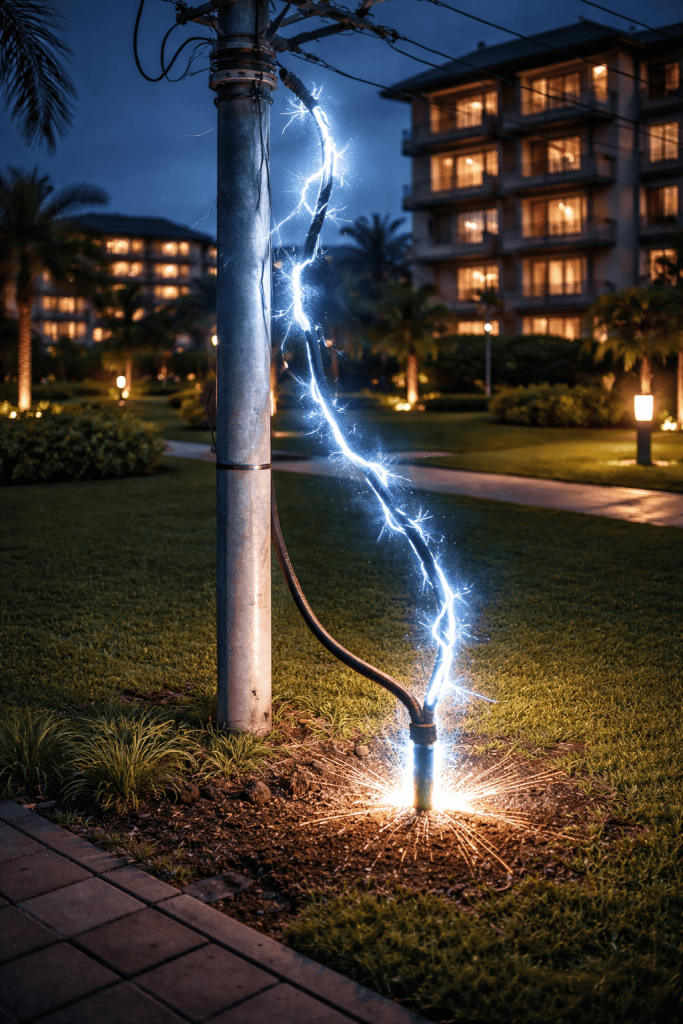 Arco elétrico em fio de poste metálico conduzindo energia para o terra em área residencial