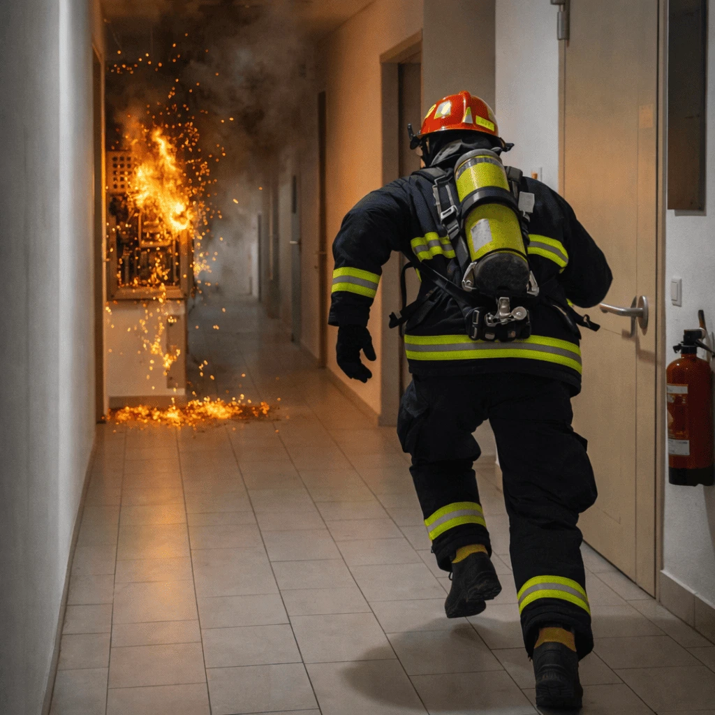 Bombeiro correndo para conter incêndio em área urbana