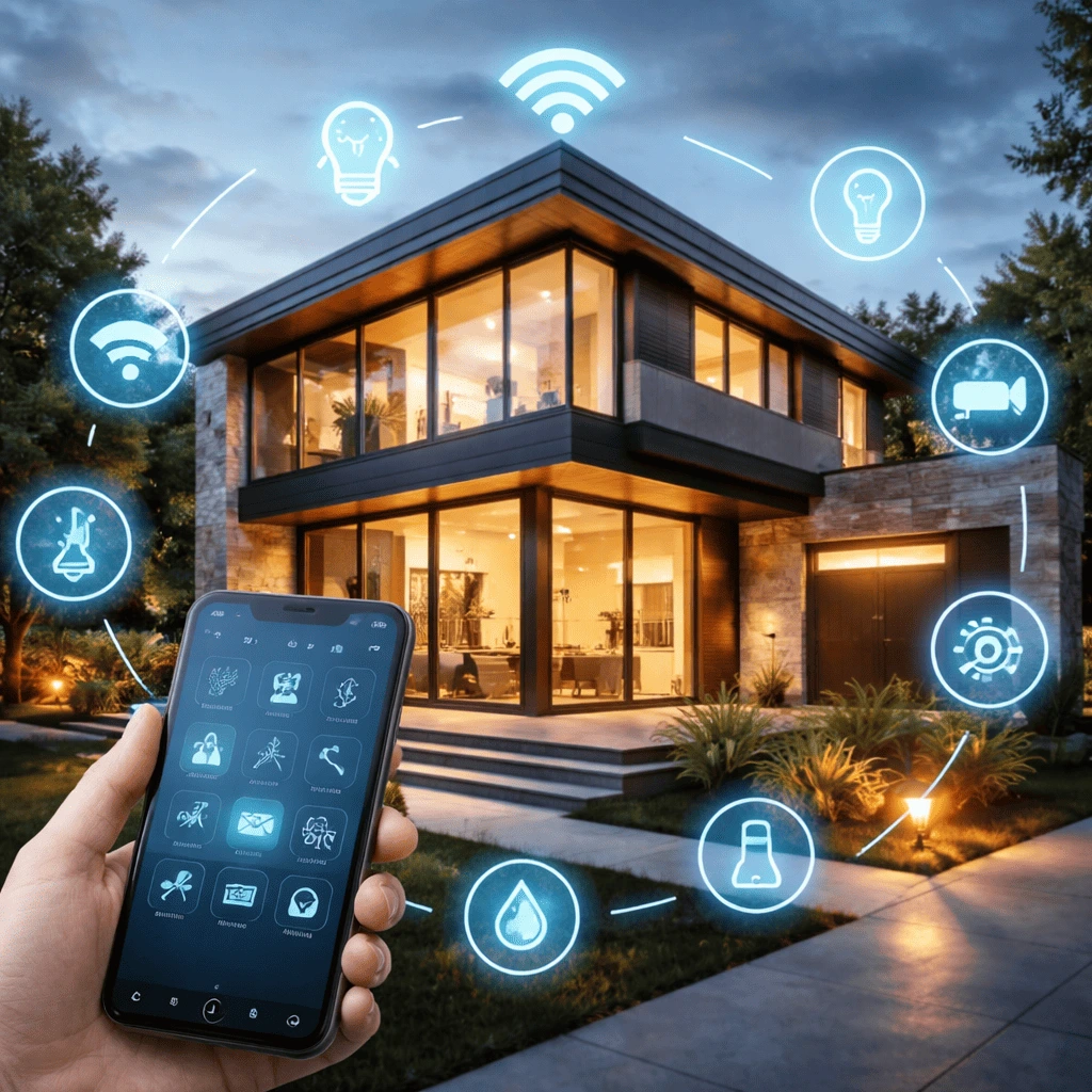 Casa inteligente com automação residencial ao entardecer