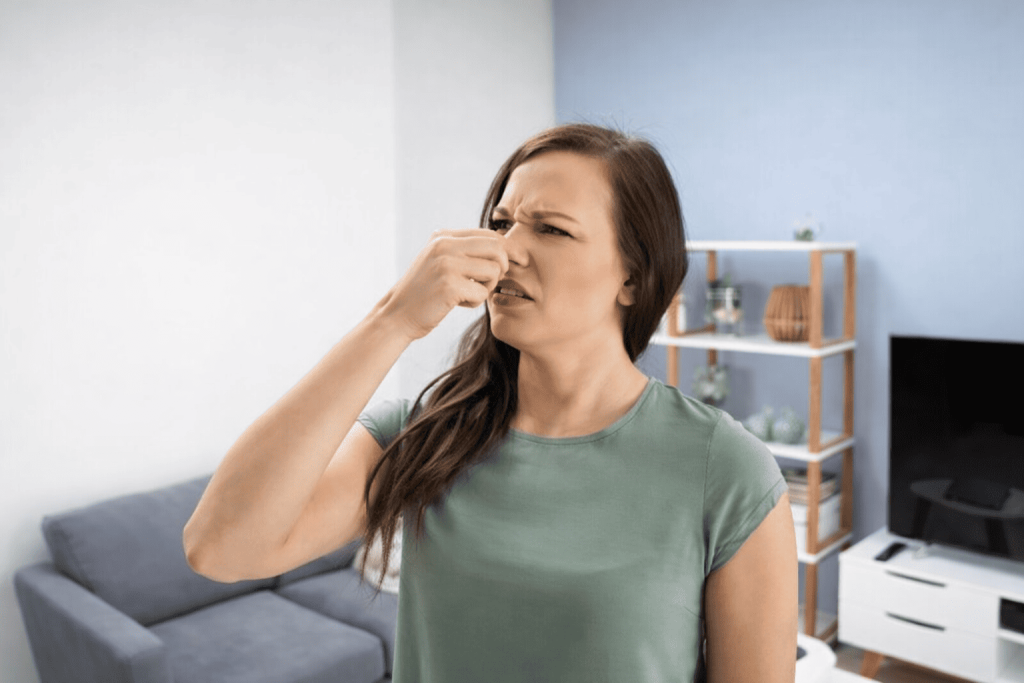 Mulher percebendo cheiro de queimado vindo de tomada elétrica