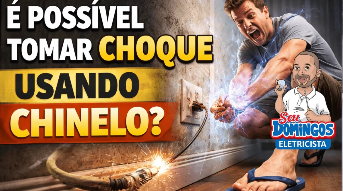 Pessoa de chinelo recebendo choque elétrico ao tocar em fio