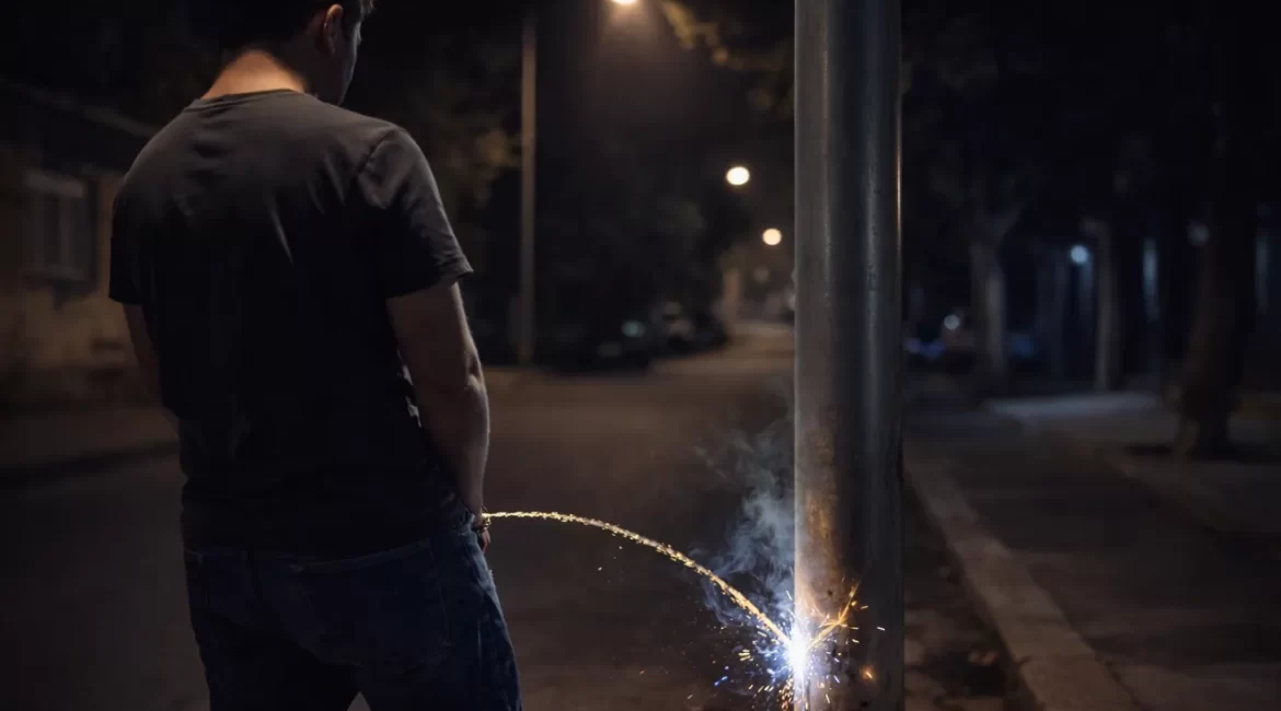 Pessoa urinando em poste de energia elétrica em via pública
