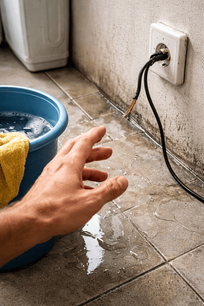 Perigo iminente de choque elétrico na área de serviço residencial