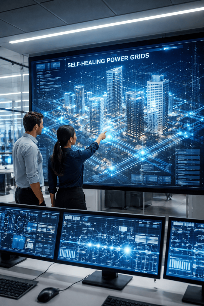 Sala de controle de edifício inteligente monitorando rede elétrica auto-regenerativa