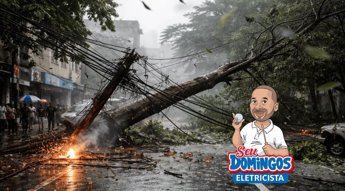 Tempestade no centro urbano com árvore caída na rua