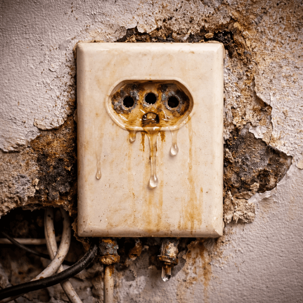 Tomada elétrica danificada com ferrugem e sinais de contato com água