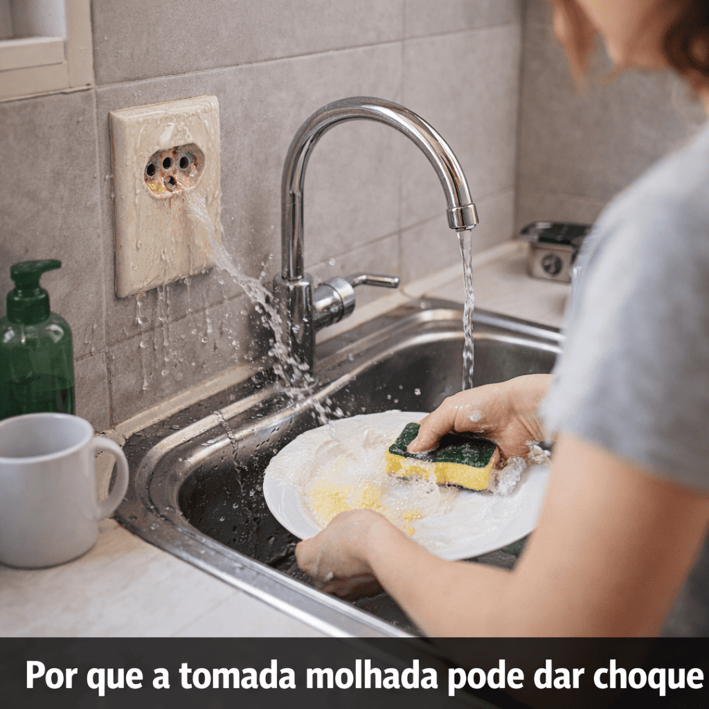 Mulher lavando louça com tomada próxima molhada oferecendo risco de choque elétrico