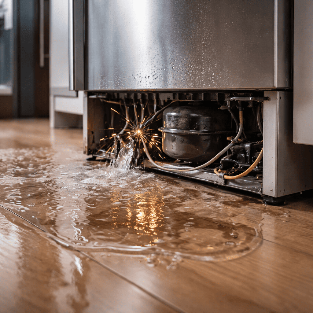 Vazamento de água sob geladeira com risco de fuga de corrente