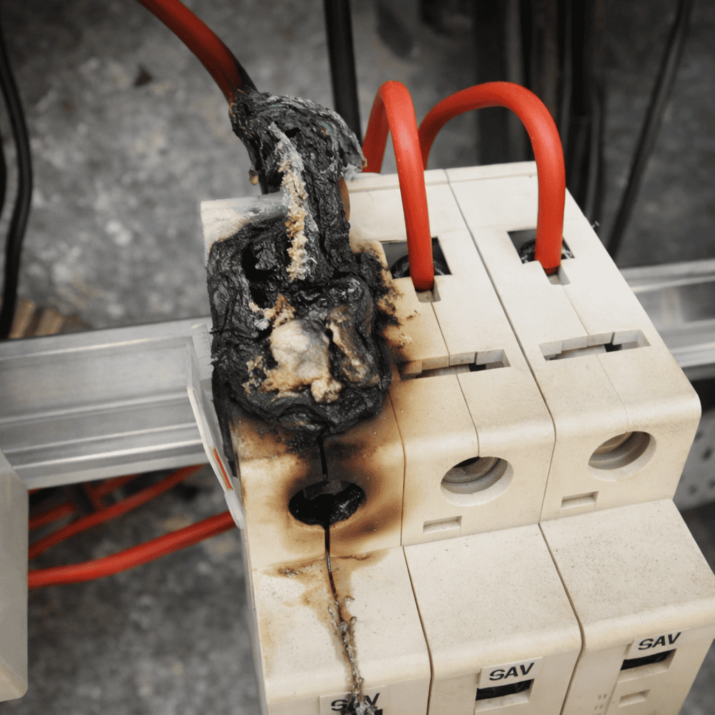 Conexão elétrica frouxa no disjuntor com fio derretido no borne do quadro de energia.