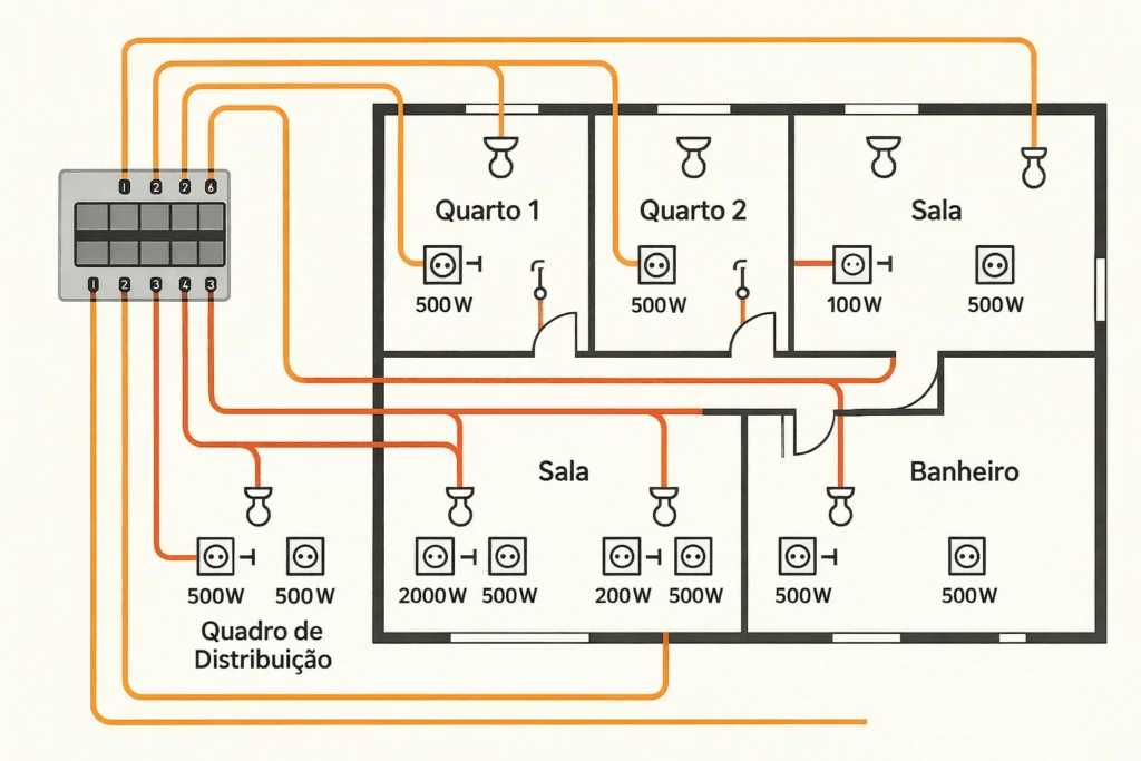 Diagrama esquemático de distribuição elétrica com valores ilustrativos