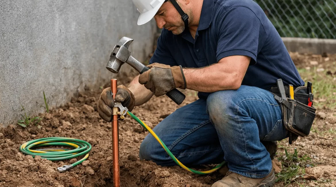 Eletricista instalando haste de aterramento no solo